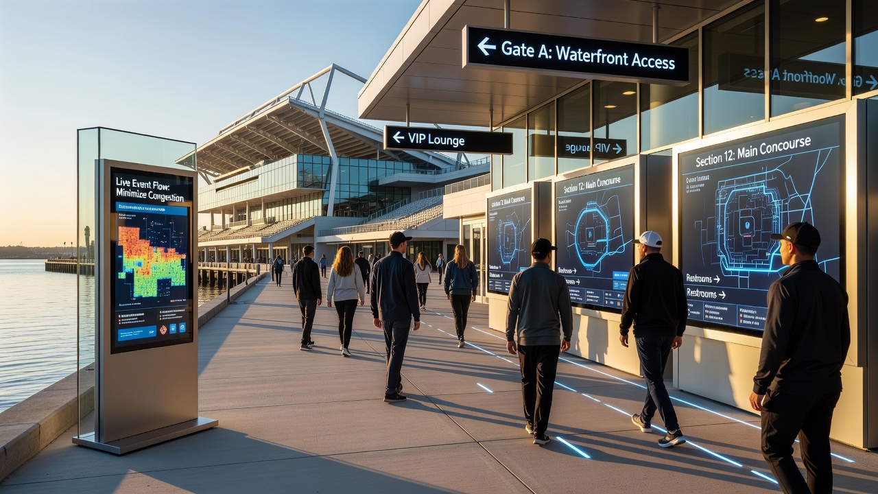 Interior concourse of a waterfront arena with digital wayfinding displays and attendee flow patterns