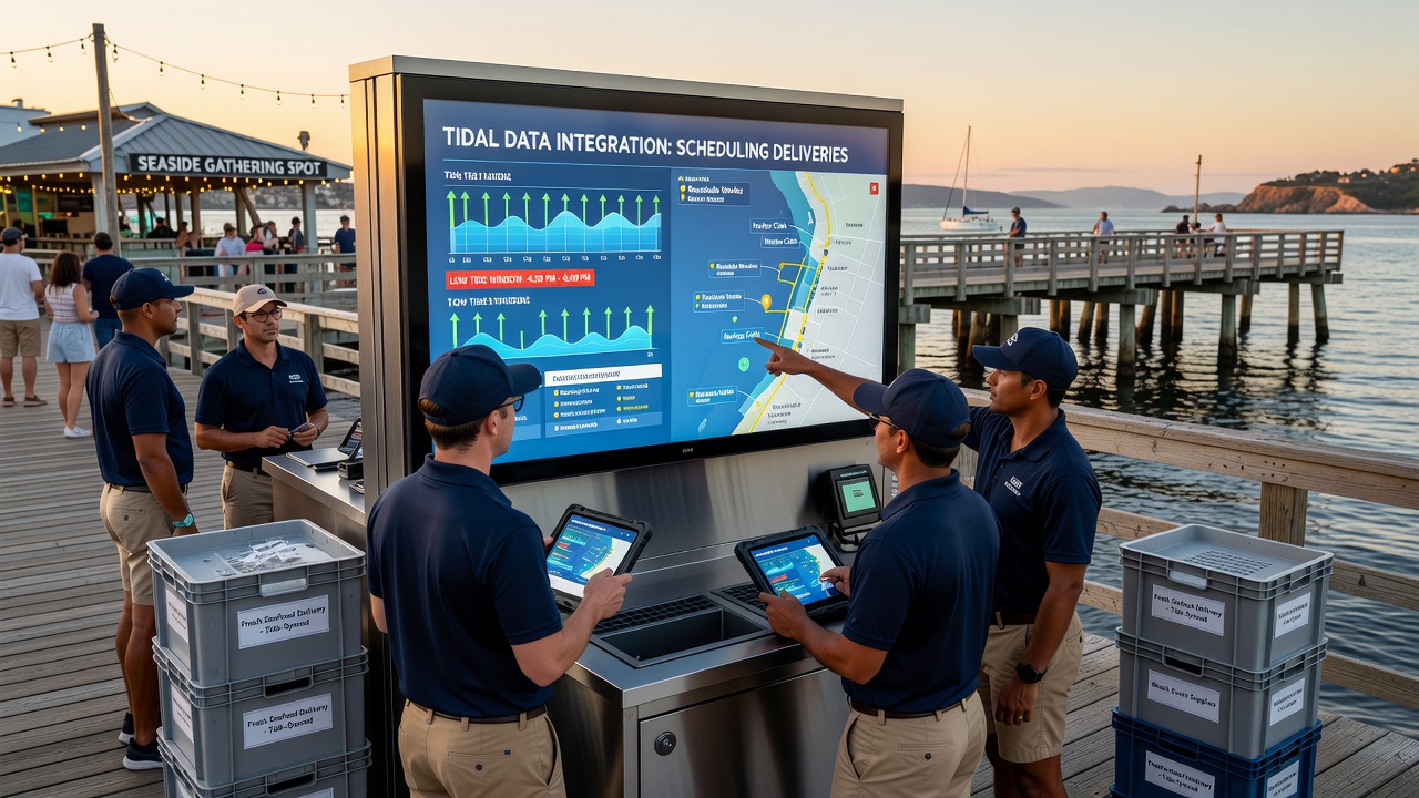 Digital interface displaying tidal data overlays on a map of seaside delivery routes with scheduled arrival markers